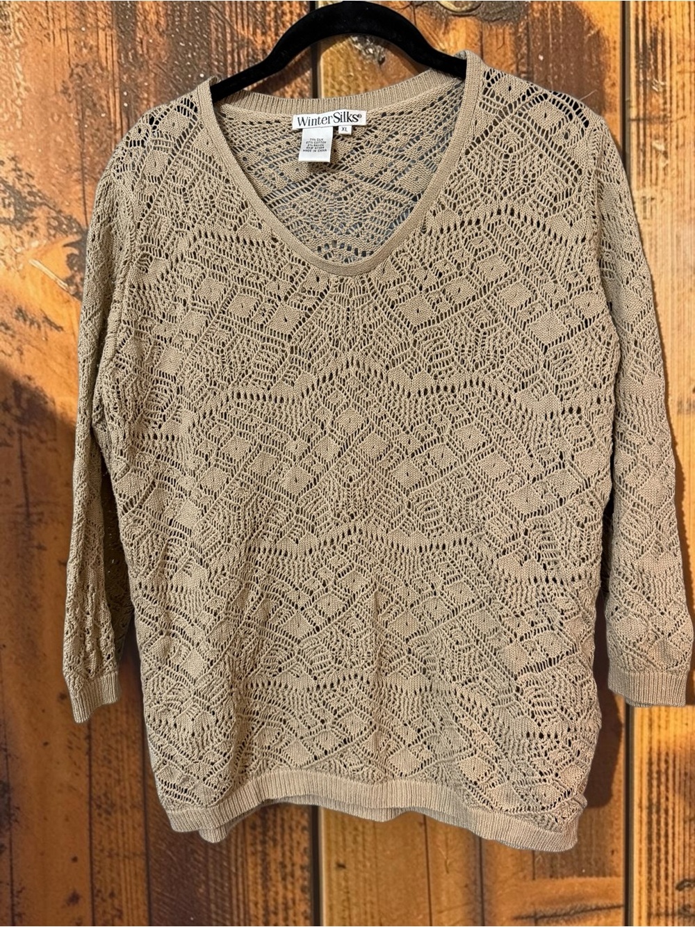 Winter Silks Open Knit Sweater Taupe Silk Blend V-Neck Diamond Sz XL